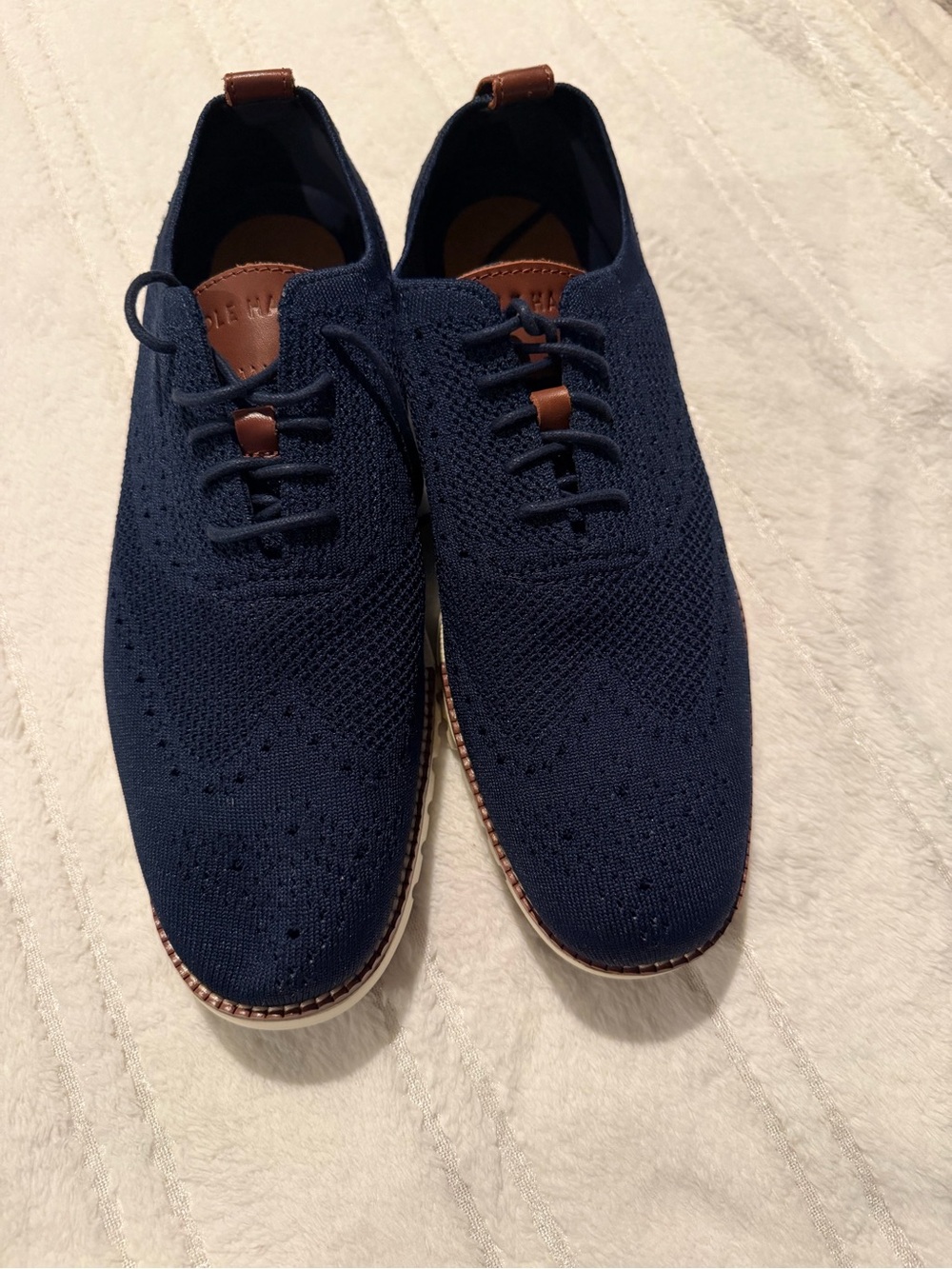 Cole Haan Men's Navy Knit Wingtip Oxford with Brown Accents